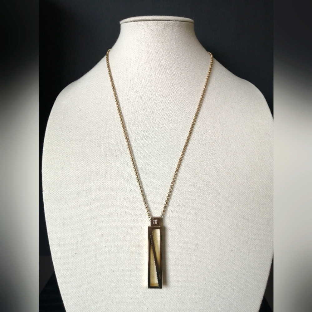 Ann Taylor Minimalist Necklace Gold Rectangular Pendant Clear Rhineston